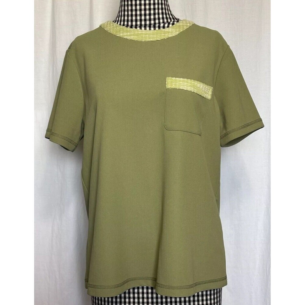 Isaac Mizrahi Size M Short Sleeve Top Green Pullover Tweed Trim Preppy NWT!